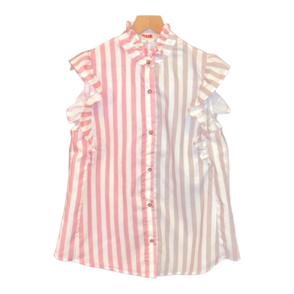 Mazik Cotton Pastel Ruffle Sleeve Button Down Stripe Shirt Size Medium - Picture 4 of 13